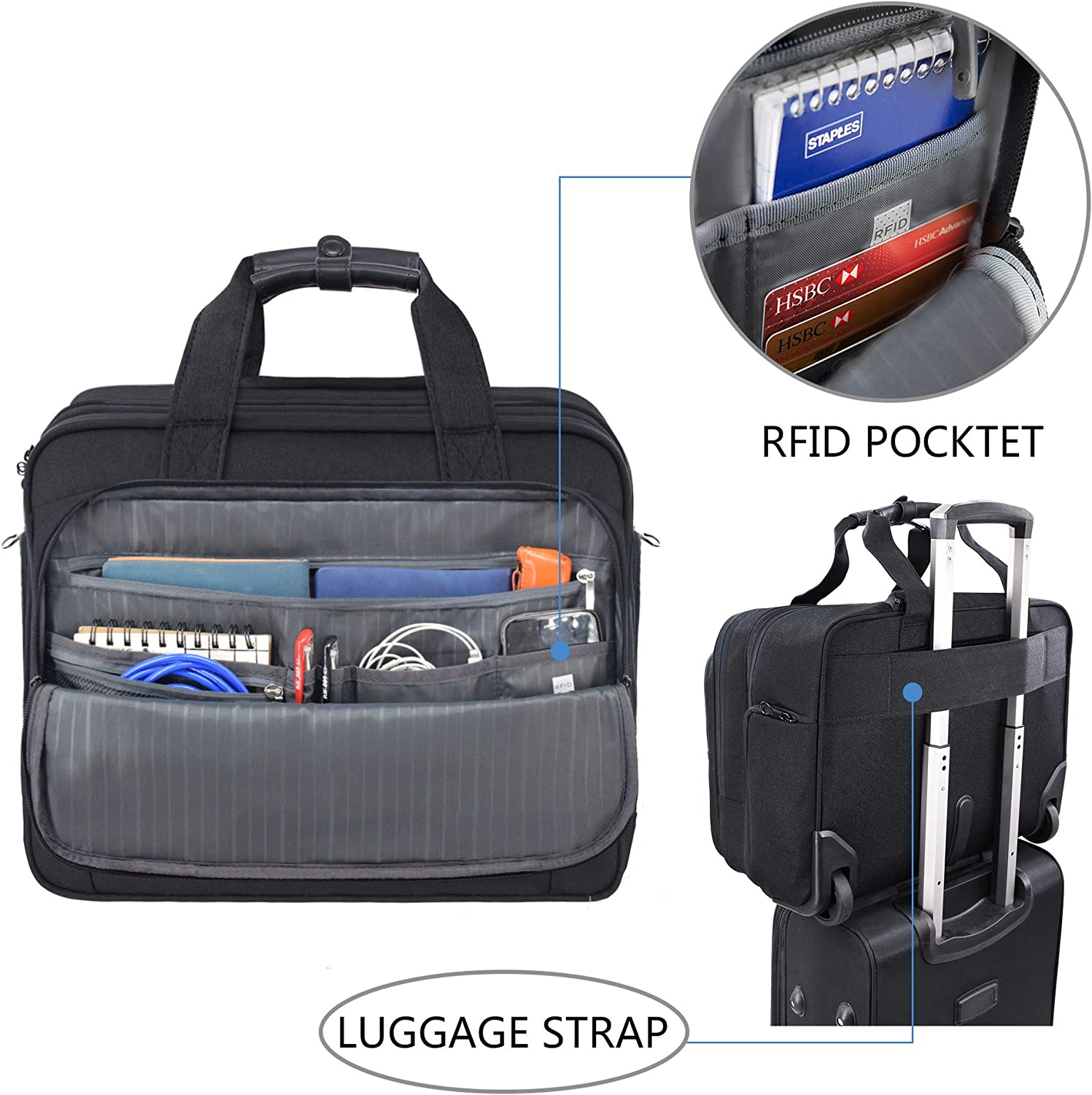 KROSER Rolling Laptop Bag Premium Wheeled Briefcase Fits Up to 17.3 Inch Laptop Water-Proof Overnight Roller Case Computer Bag with RFID Pockets for Travel/Business/School/Men/Women-Black - Image 4